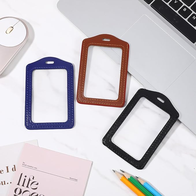 3 Pcs Leather ID Badge Holder, Vertical Double Sided Badge Holder, Clear Waterproof Name Badges Holders for Office, Employees, Staff, Students (Black, Brown, Blue)
