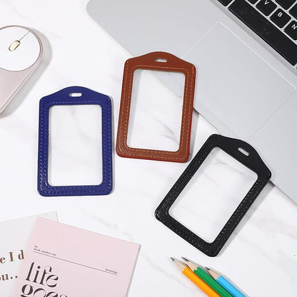 3 Pcs Leather ID Badge Holder, Vertical Double Sided Badge Holder, Clear Waterproof Name Badges Holders for Office, Employees, Staff, Students (Black, Brown, Blue)