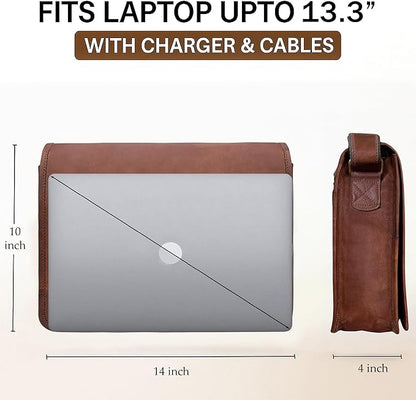 RUSTIC TOWN 14" Leather Messenger Bag for Men & Women – Full Grain Vintage Crossbody Satchel – Fits 13.3"/14" Laptop – Ideal Briefcase for Work, Travel & College – Adjustable Shoulder Strap