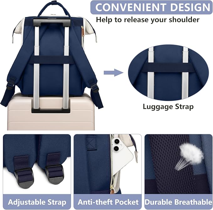 Focdod Laptop Backpack for Womem Work Bags: 17.3 Inch Travel BackPacks With USB Charging Port Anti Theft Fashion College BookBag Durable Back Pack Purse Bussiness Daypack for Nurse Teacher Navy Beige