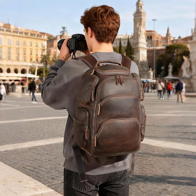 TIDING Vintage Full Grain Leather 16 Inch Laptop Backpack for Men Multi Pockets Travel Rucksack Weekend Business Daypack_Large