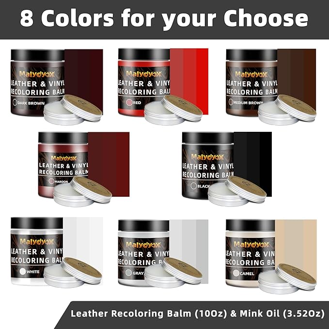 Malydyox 10oz Leather Recoloring Blam with 3.52oz Mink Oil, Leather Repair Kit for Furniture, Leather Couches Restorer, Leather Couch Repair, Leather Conditioner for Couch (Dark Brown)