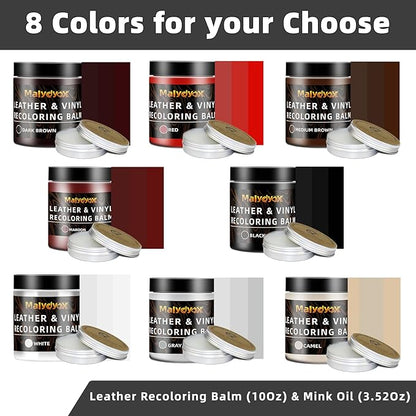 Malydyox 10oz Leather Recoloring Blam with 3.52oz Mink Oil, Leather Repair Kit for Furniture, Leather Couches Restorer, Leather Couch Repair, Leather Conditioner for Couch (Dark Brown)