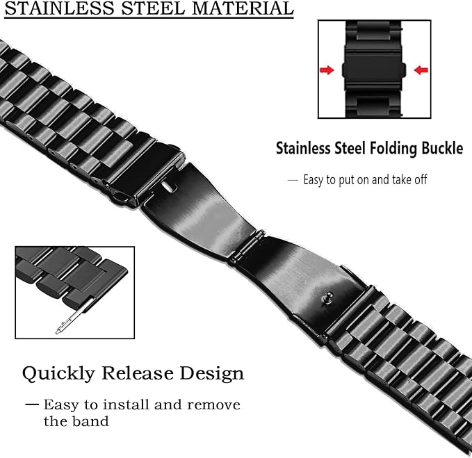 MORAN Stainless Steel Watch Band Quick Release Replacement Metal Strap 18mm 20mm 22mm Men Women, Black+Folding Clasp