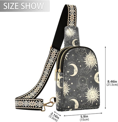 ZAZYXTJ Celestial Bohemian Moon Crossbody Sling Bag for Women Leather Small Chest Bag Adjustable Straps Daypack for Travel Sport Hiking