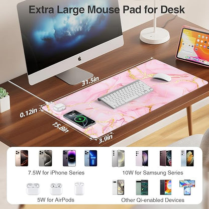 Pink Marble Mouse Pad with 15W Wireless Charging, 31.5"x15.8" Large Gaming Desk Pad/Mat for Women Girls, Waterproof Ultra-Smooth Surface, Non-Slip Base, with 20W PD Adapter