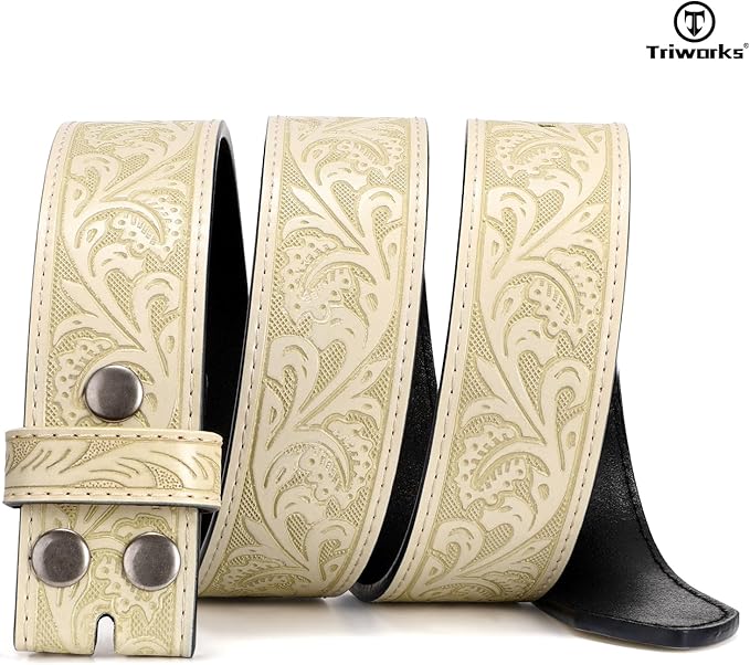 TRIWORKS Western Belt Strap for Men without Buckle 1.5" Wide Floral Engraved Embossed Leather Belt Strap