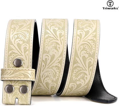 TRIWORKS Western Belt Strap for Men without Buckle 1.5" Wide Floral Engraved Embossed Leather Belt Strap
