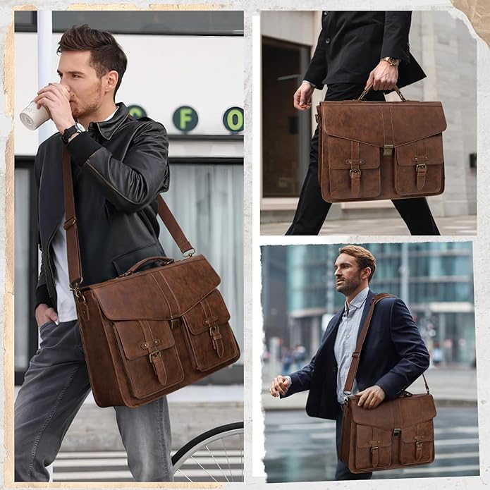 RAINSMORE 17.3 Inch Men's Messenger Bag, PU Leather Laptop Briefcase for Work, Office & Business Travel, Spacious Satchel Bag