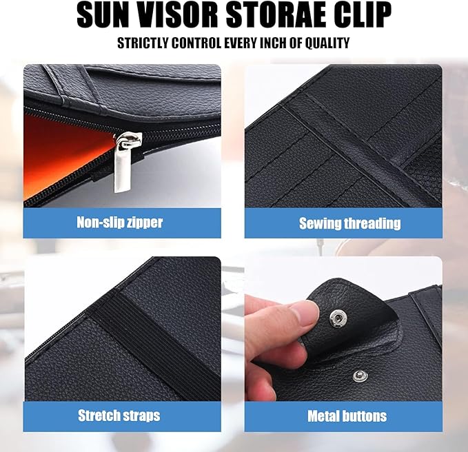 UGSHY Pack of 1 Leather Zipper Visor Storage Bag, Multifunctional Pocket Business Card Holder, 11.4In x 5.9In Car Sun Visor Organizer, for Men Women Car Interior Receiving (Black)