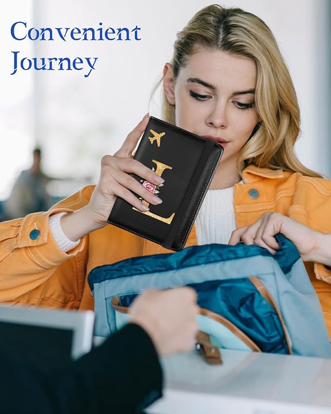 Slohif Initial Passport Holder Cover Wallet Case for Travel Women - Leather Letter Passport Book Family Multiple Personalized Organizer Card Slots Protector Sleeve Essentials Slim Carrier Black L