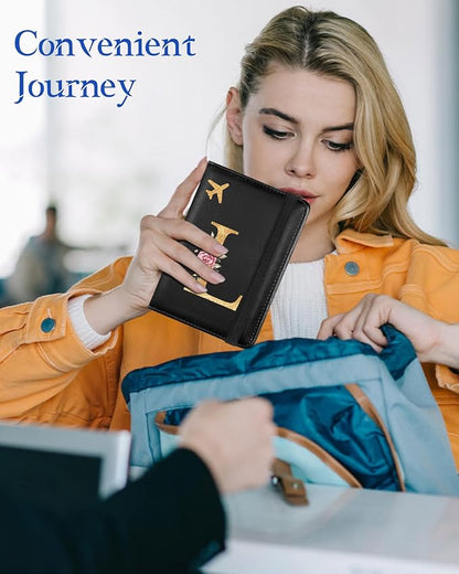 Slohif Initial Passport Holder Cover Wallet Case for Travel Women - Leather Letter Passport Book Family Multiple Personalized Organizer Card Slots Protector Sleeve Essentials Slim Carrier Black L