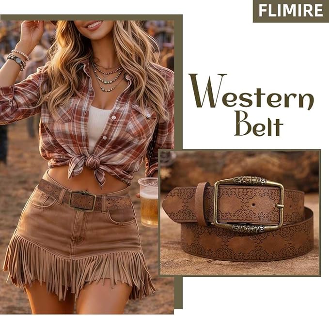 Women Western Belt Vintage Metal Buckle Leather Belts Country Cowboy Cowgirl Belt for Jeans Pant Dress