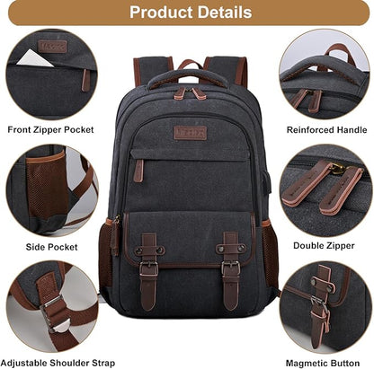 Mactso Canvas Travel Laptop Backpack for Men Women, Business Work Rucksack College School Computer Bag Fits 15.6 Inch Notebook,Bookbag with USB Charging Port (Black, 15.6 Inch)