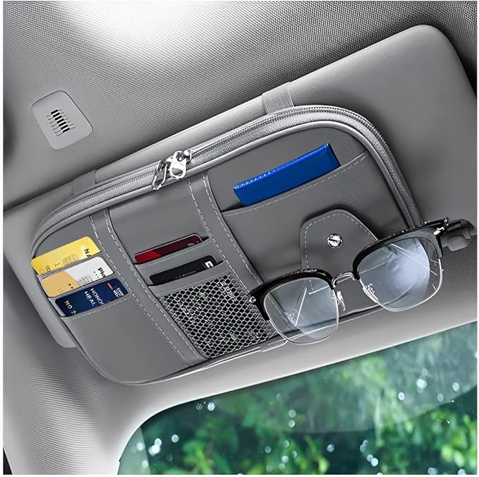 Car Sun Visor Organizer, Sunglass Holder and Storage Pocket, Card Cash Pouch with Multi-Pocket Net Zipper, Case Bag for License Pen Key, Auto Interior Accessories for Truck, SUV, Van (Gray)