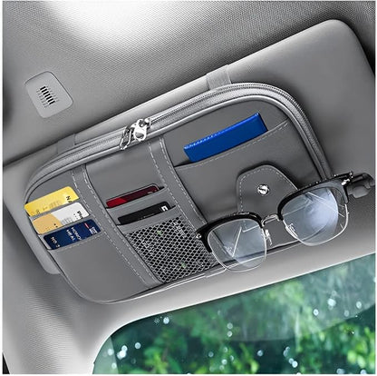 Car Sun Visor Organizer, Sunglass Holder and Storage Pocket, Card Cash Pouch with Multi-Pocket Net Zipper, Case Bag for License Pen Key, Auto Interior Accessories for Truck, SUV, Van (Gray)