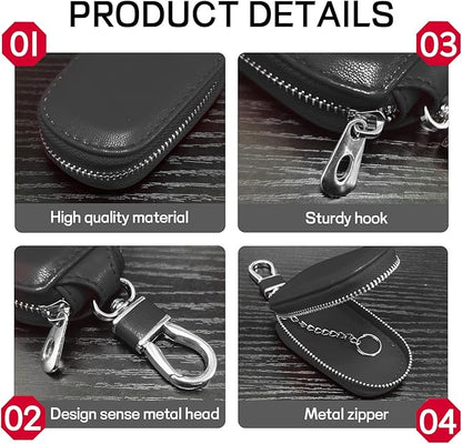 Car Key Case, Genuine Leather Auto Key Fob Protector, Universal Key Fob Cover Case with Metal Hook, Car Smart Keychain Holder for Remote Key Fob, Vehicle Keyring Zipper Bag (Black)