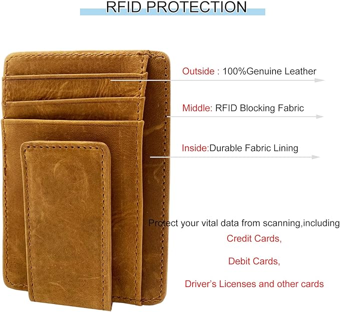 Money Clip RFID Front Pocket Wallet Men Leather Slim Minimalist Wallet