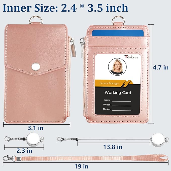 Teskyer Leather Badge Holder with Lanyard and Retractable Badge Reel, 4 Card Slots ID Card Holder with 1 Zipper Pocket for Office School Name Work IDs, Rose Gold