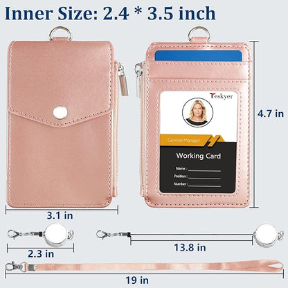 Teskyer Leather Badge Holder with Lanyard and Retractable Badge Reel, 4 Card Slots ID Card Holder with 1 Zipper Pocket for Office School Name Work IDs, Rose Gold