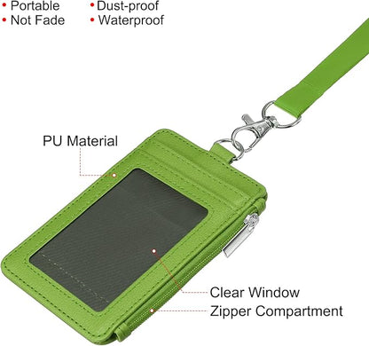MECCANIXITY ID Badge Holders with Lanyard, Vertical PU Leather 5 Card Slots Zipper Portable Wallet Clear Window for Office, Green