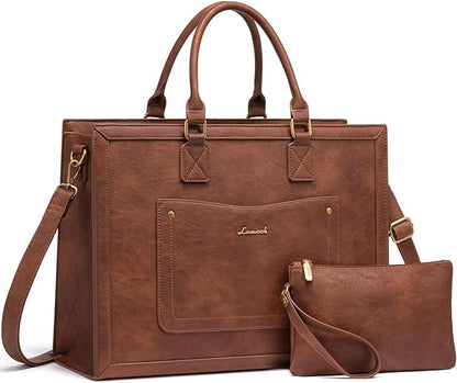 LOVEVOOK Laptop Tote Bag for Women, 15.6 Inch Work Bags, PU Vintage Leather Tote Bag, Waterproof Computer Bags with Clutch Purse, Large Capacity Messenger Bag for Teacher College Business Office