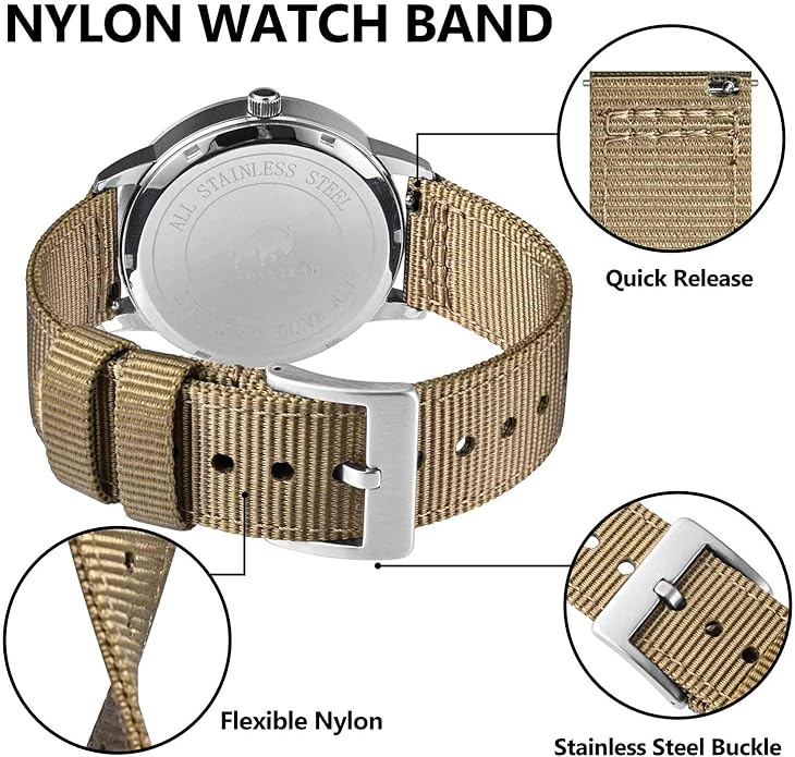 BISONSTRAP Men’s Nylon Watch Bands, Two-Piece Military Watch Straps, Quick Release, Brushed Buckle, Band Width 18mm 19mm 20mm 22mm