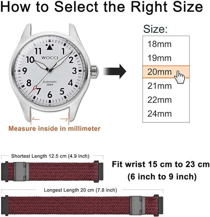 WOCCI 22mm Braided Nylon Watch Band for Men and Women, Quick Release, Black Stainless Steel Buckle (Red Black)