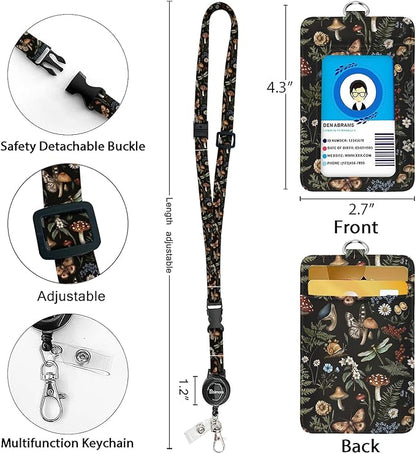 bolimoss Mushroom Lanyards for Id Badges, Cute Badge Holder with Retractable Reel Clip, Leather Work Name Tag Breakaway Lanyard Vertical ID Card Protector Case for Women Nurse Doctor Teacher Student