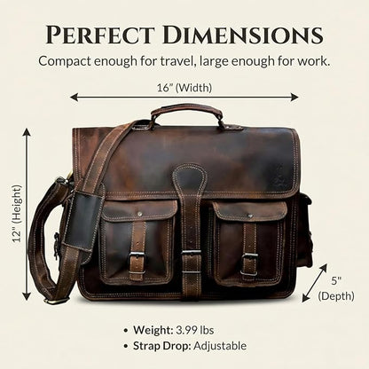 Leather Briefcase Work Bag for Men Women Dark Brown Crossbody Genuine Leather Satchel Office Bag for Men Women 18 Inch Computer Travel Messenger Laptop Shoulder Bag Cureo