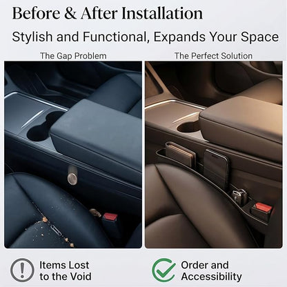 Car Seat Gap Filler Organizer for Tesla Model Y Juniper & Model 3 Highland, TPE Seat Gap Plug with Storage Slot, Seat Belt Slot, No-Drop, Black, 2-Pack