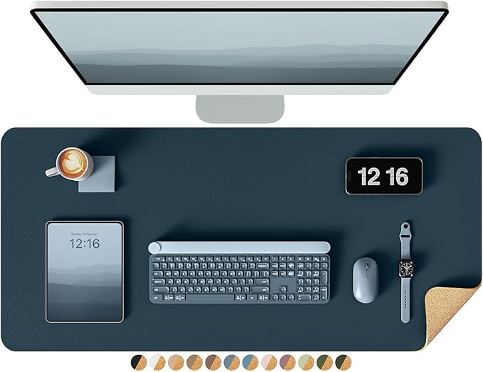 YSAGi Double-Sided Desk Pad, 35.4"x17"Leather Desk Mat, Eco Cork Desk Pad Protector,Large Mouse Pad,Waterproof Desk Blotter for Office/Home(Dark Blue)