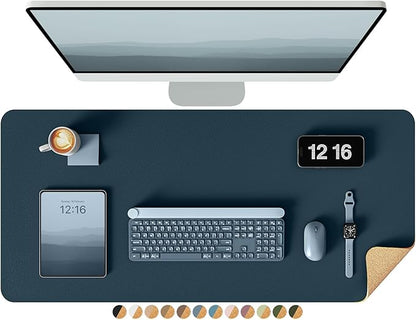 YSAGi Double-Sided Desk Pad, 31.5"x15.7"Leather Desk Mat, Eco Cork Desk Pad Protector,Large Mouse Pad,Waterproof Desk Blotter for Office/Home(Dark Blue)
