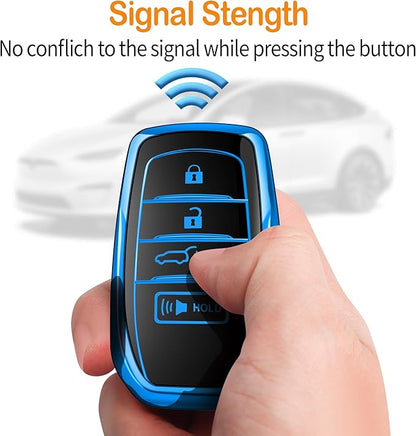 Sindeda for Toyota Key Fob Cover with Metal Keychain & Leather Strap for 2025-2026 Camry 4 Runner 2019-2026 Venza, Land Cruiser,2023-2026 Tacoma Grand Highlander,Corolla,bZ4X,4-5 Buttons(Blue)