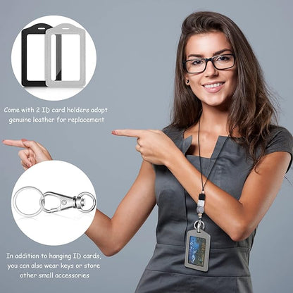 Lanyards with 2 ID Badge Holders Silicone Beaded Lanyard Breakaway Leather ID Holder for Teacher Women Employee(Classic Style)