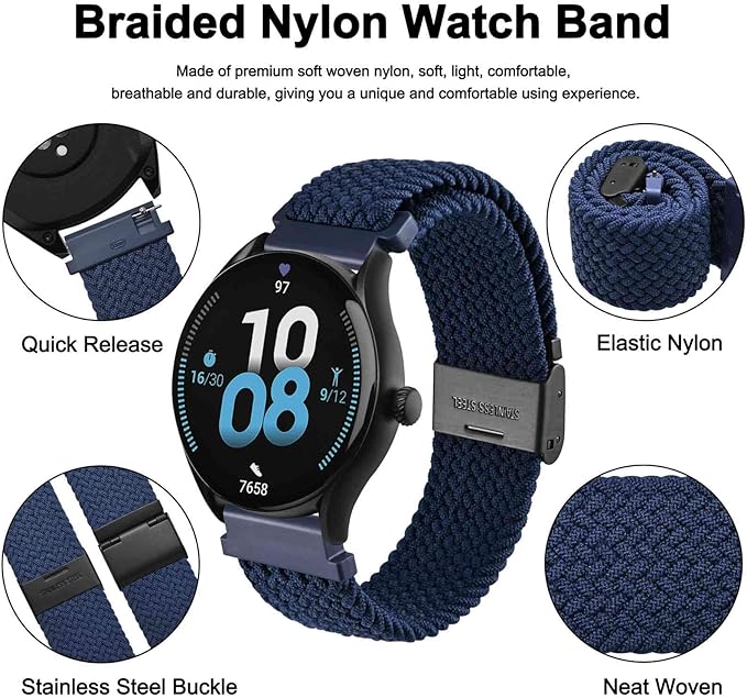 WOCCI 22mm Braided Nylon Watch Band for Men and Women, Quick Release, Black Stainless Steel Buckle (Blue)