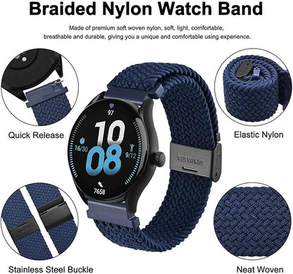 WOCCI 22mm Braided Nylon Watch Band for Men and Women, Quick Release, Black Stainless Steel Buckle (Blue)