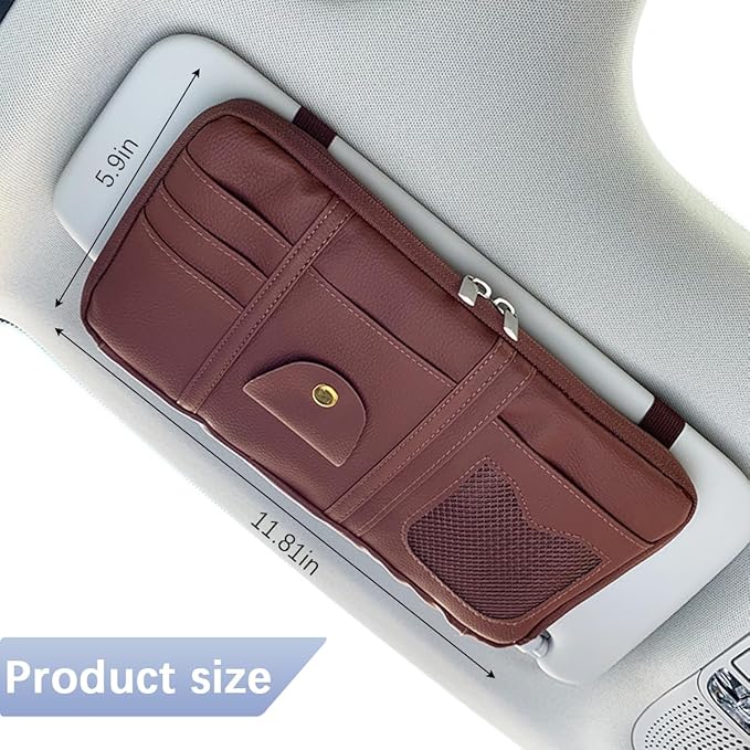 Car Sun Visor Organizer, Multi-Pocket Leather Vehicle Visor Storage Pouch & Sunglasses Holder, Auto Interior Document Card Holder with Double Zipper, Universal for Truck SUV Sedan (Brown)
