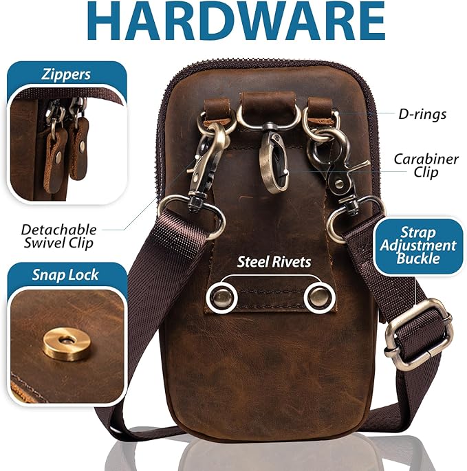 Hengwin Leather Men Cell Phone Holster Wallet Case with Belt Clip Travel Messenger Bag Waist Pouch Crossbody Purse Fits for iPhone 17 Pro Max 16 Pro Max 15 Pro Max Samsung Galaxy S25 Ultra (Coffee)