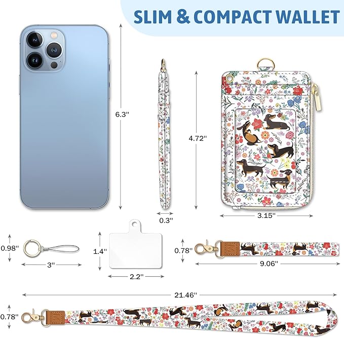 Dachshund Lanyard Wallet with ID Badge Holder, Flower Small RFID Wallet Women Keychain Wristlet, Slim Credit Card Holder with Zipper Pocket Phone Lanyard Wrist Strap Name Tag Woman Office Teacher Gift