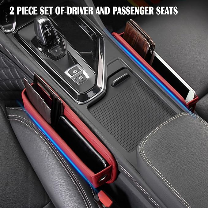Universal Fit Premium Leather Car Seat Gap Filler Organizer, Center Console Organizer for Car SUV Truck (Burgundy，2 Pack)