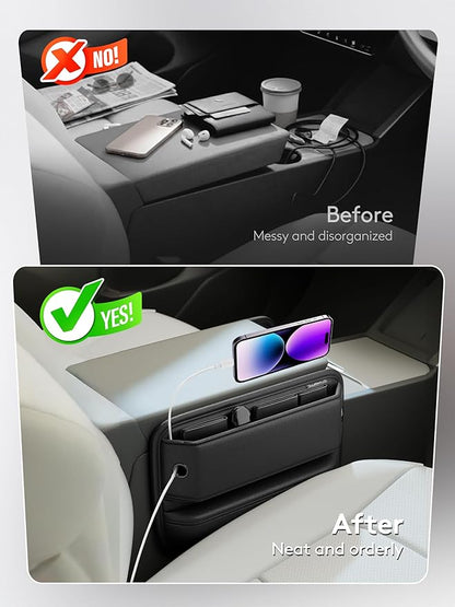 Car Seat Gap Filler with Sun Visor Organizer, Leather Seat Gap Organizer for Phone, Cards, Keys and Sunglasses, Front Seat Storage for Most Cars, SUVs and Trucks