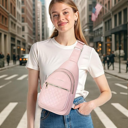 Crossbody Bags for Women Men,Leather Sling Bag Cross Body Backpack for Women, Casual Chest Bag Daypack for Travel Hiking,Pink