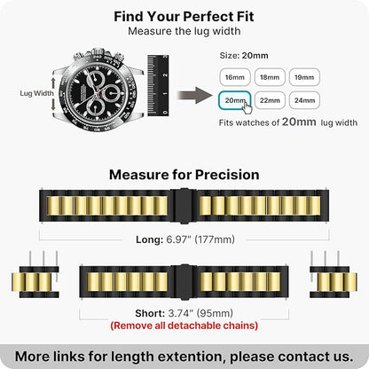 Fullmosa 20mm Stainless Steel Watch Band, Quick Release Metal Replacement Strap with Removable Links, Includes Spring Bars & Link Removal Tool for Men Women (Black+Golden)