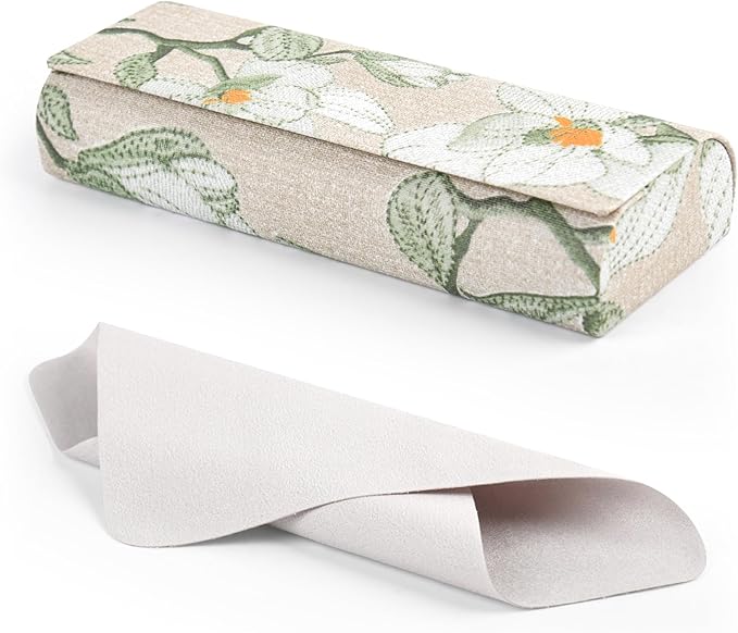 PU Leather Hard Shell Glasses Case, Floral Design Metal Frame, Portable Eyeglass Cases with Cleaning Cloth