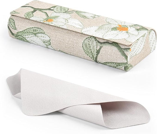 PU Leather Hard Shell Glasses Case, Floral Design Metal Frame, Portable Eyeglass Cases with Cleaning Cloth