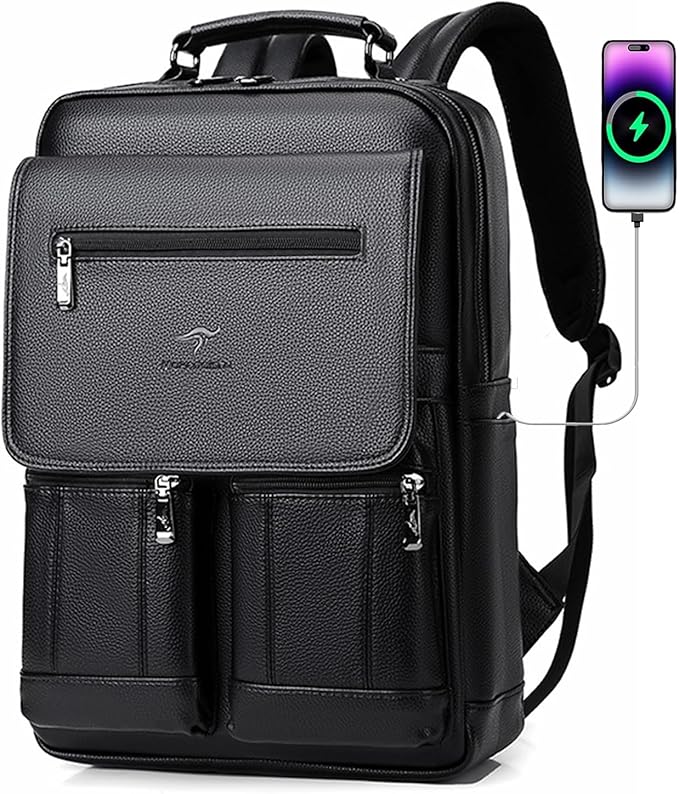 CHAO RAN Leather Laptop Backpack for Men Fit 15.6 Inch Laptop, Business Work Office College Medium Backpack with USB Charging Port, Waterproof Black Travel Bag