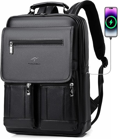 CHAO RAN Leather Laptop Backpack for Men Fit 15.6 Inch Laptop, Business Work Office College Medium Backpack with USB Charging Port, Waterproof Black Travel Bag