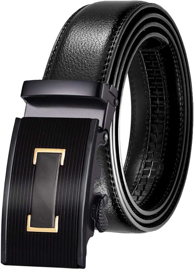 JINIU Men's Ratchet Belt Buckle, Black Genuine Leather Slide Belt for Men Dress Suit, Micro Adjustable Trim to Fit Boxed