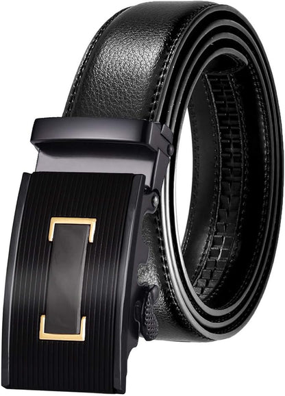 JINIU Men's Ratchet Belt Buckle, Black Genuine Leather Slide Belt for Men Dress Suit, Micro Adjustable Trim to Fit Boxed